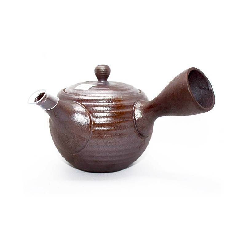 Teiera giapponese Tokoname kyusu in terracotta marrone con motivo di fiori  di ciliegio e montagne, FUJI