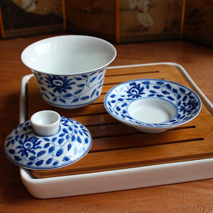 Porcelain and bamboo tea tray