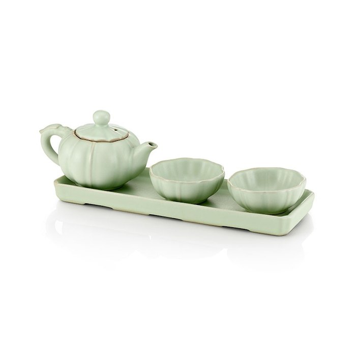 Ru green porcelain set with tray 4 pcs.